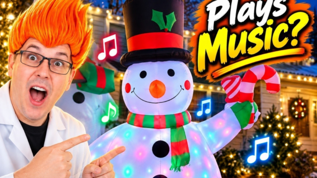 musical inflatable snowman: LOMOHOO 7 ft inflatable musical snowman with swirling LED lighting shown in my hands-on review